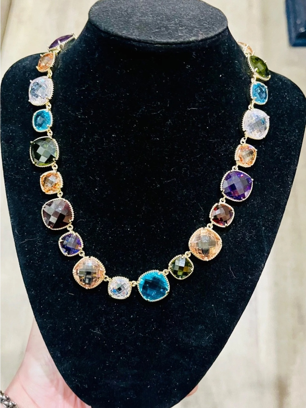 Vintage Gold Tone Multicolor Checkerboard Cubic Zirconia Station Necklace